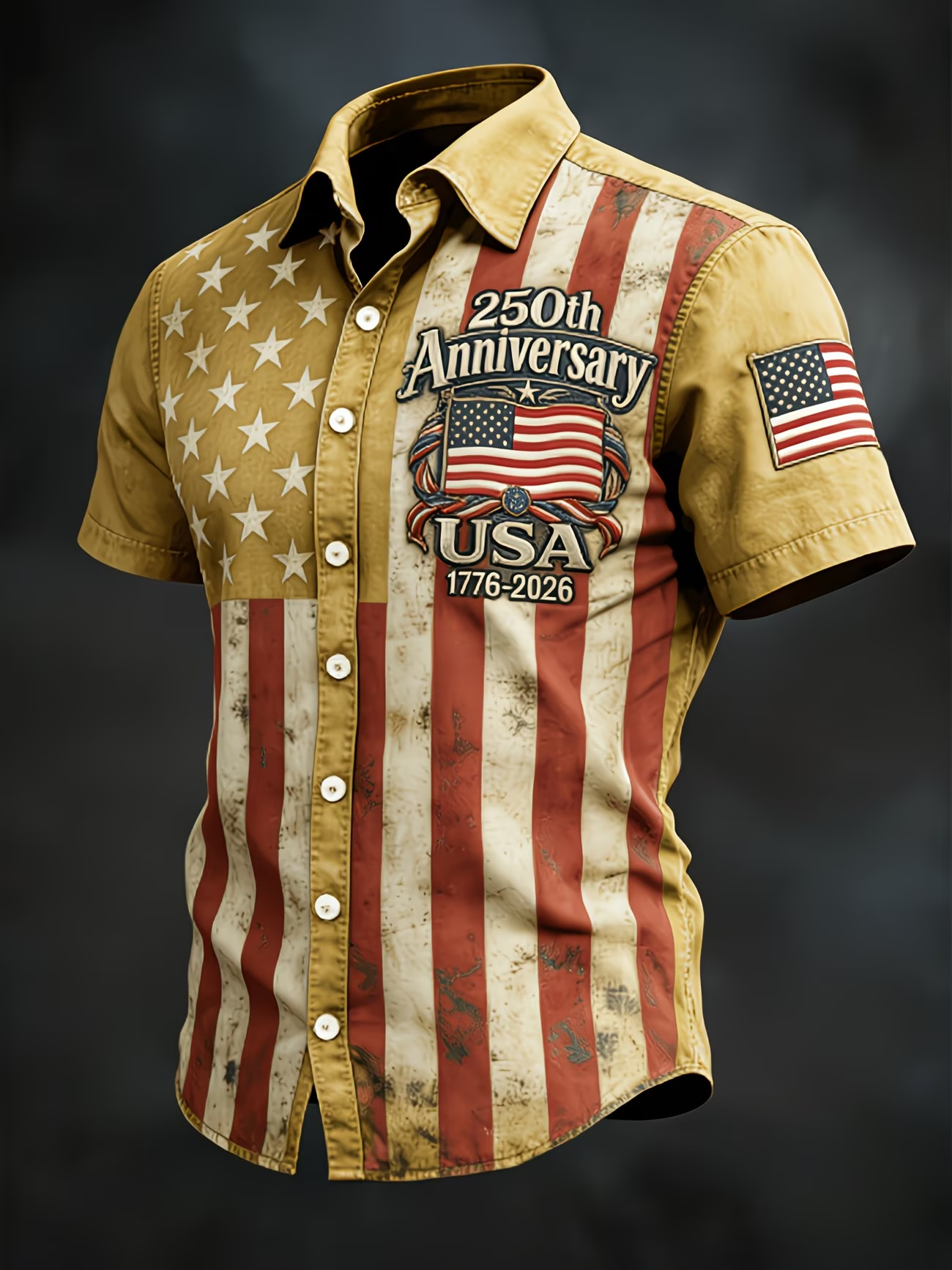 [Copy][Copy]Men's Eagle US Flag America's 250th Anniversary Button Up Shirt Short Sleeve Patriotic Collared