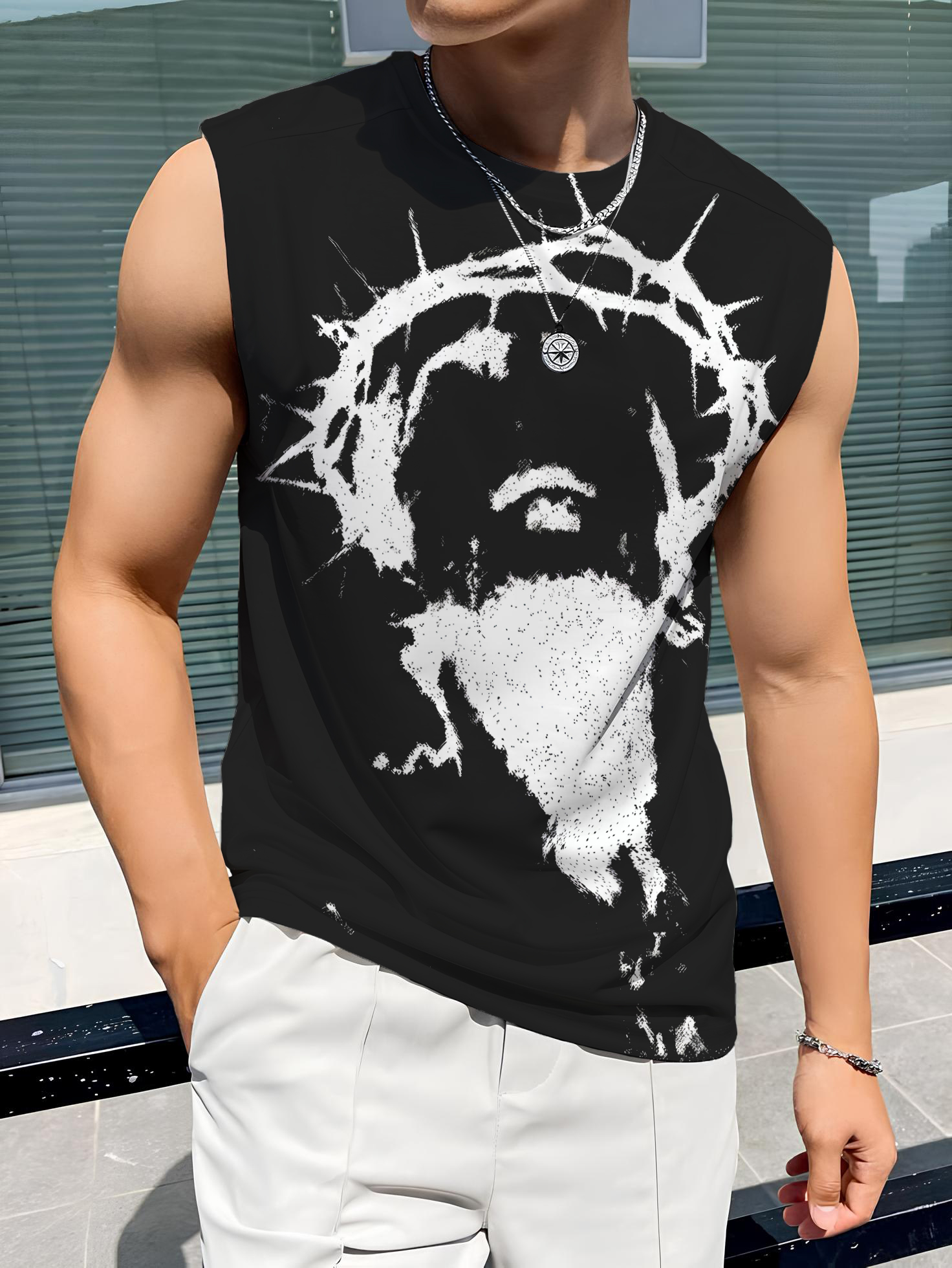 Men's Jesus Crown Of Thorns Print Cotton Tank Top