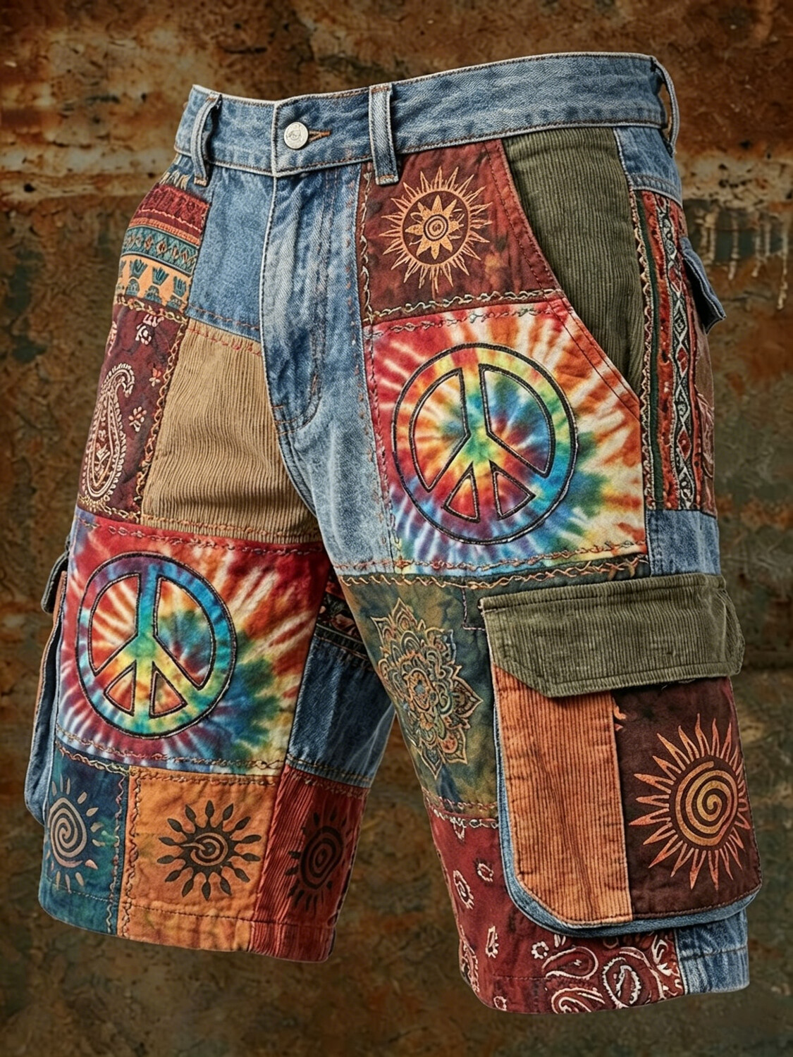 Men's Retro Peace Symbol Bohemian Art Print Denim-Like Cargo Shorts