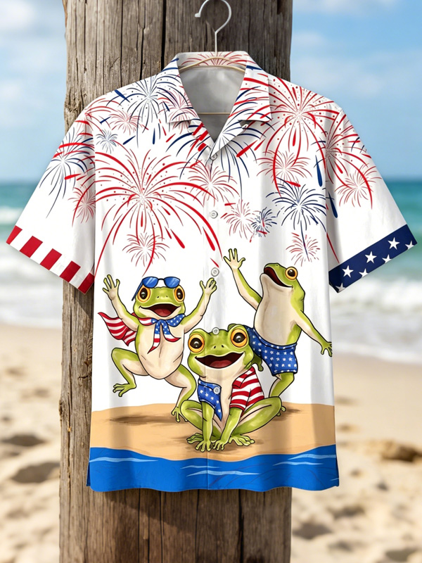 Men's Patriotic Frog Fireworks Hawaiian Art Print Shirt in White, S-M-L-XL-2XL-3XL-4XL-5XL