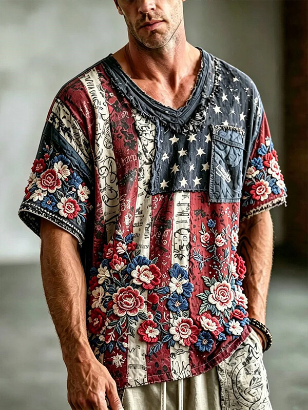 Men's Floral American Flag Patchwork Art Print V Neck T-Shirt