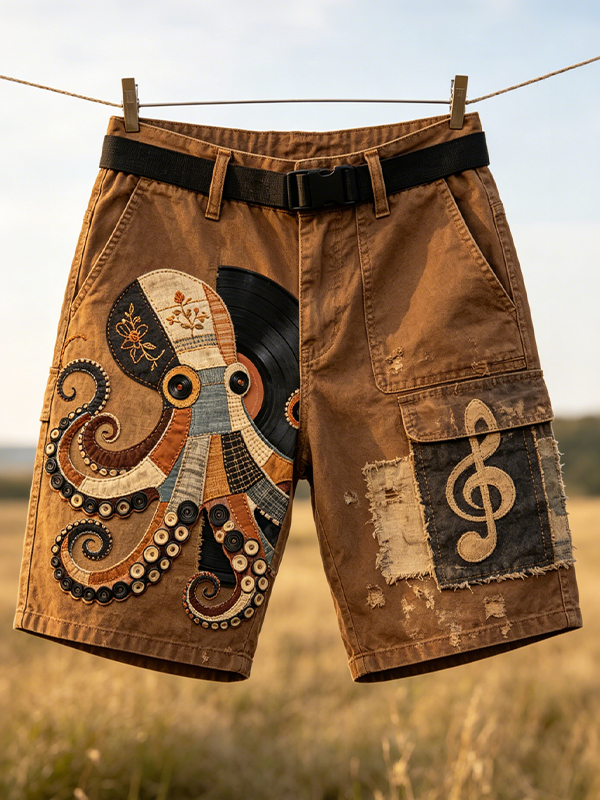 Men's Vintage Octopus Vinyl And Music Note Patchwork Art Print Casual Shorts