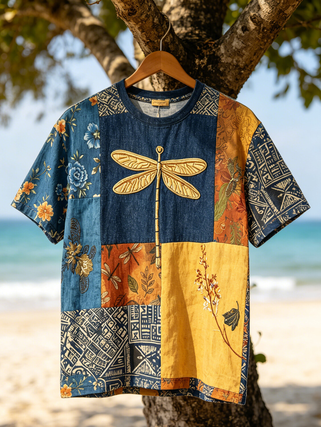Men's Japanese Style Dragonfly Patchwork Print T-Shirt
