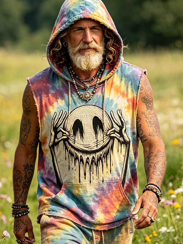 Men's Boho Tie‑Dye Dripping Smiley Art Print Workout Hooded Tank Top
