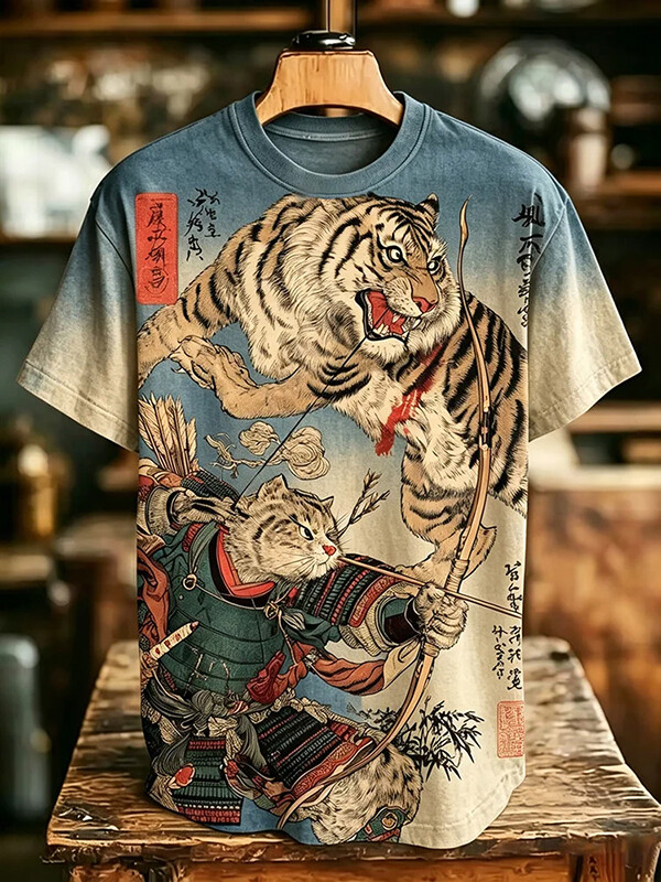 Men's Warrior Cat Shooting Arrows And Tiger Print T-Shirt