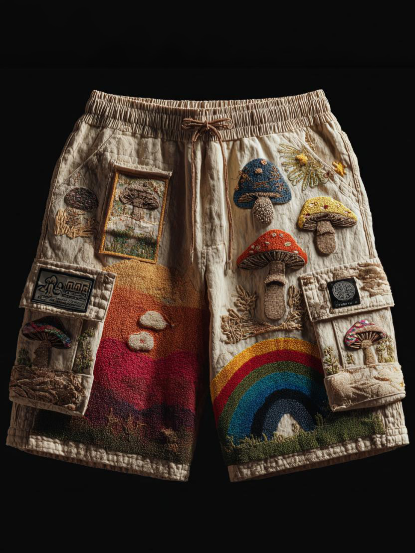 Men's Mushroom Rainbow Patchwork Art Print Drawstring Waist Casual Shorts