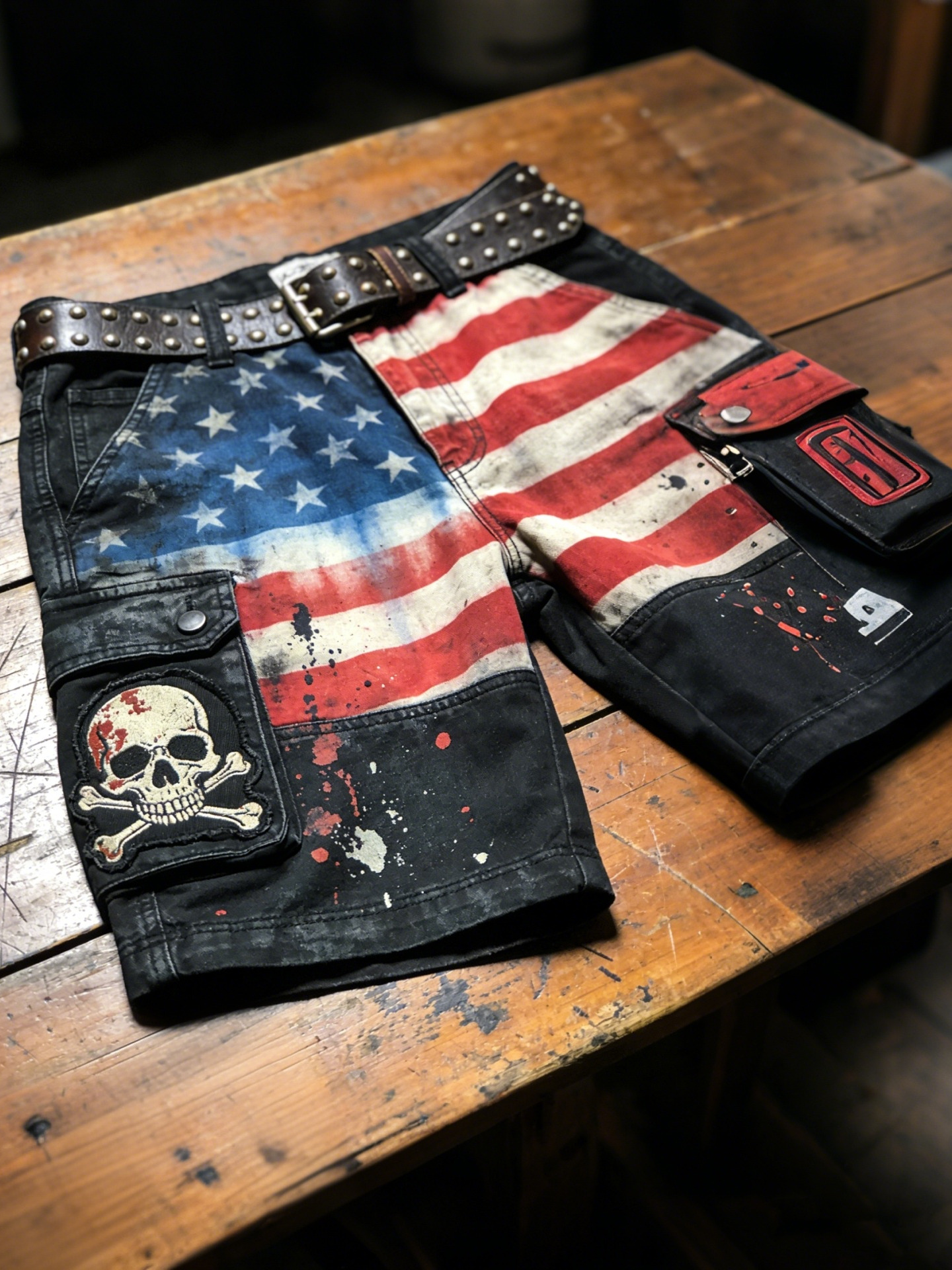 Men's Distressed USA Flag Skull And Crossbones Art Print Denim-Like Casual Shorts