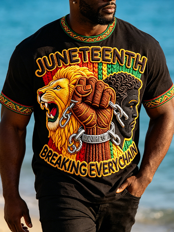 Men's Juneteenth Breaking Every Chain Lion Fist Print T-Shirt