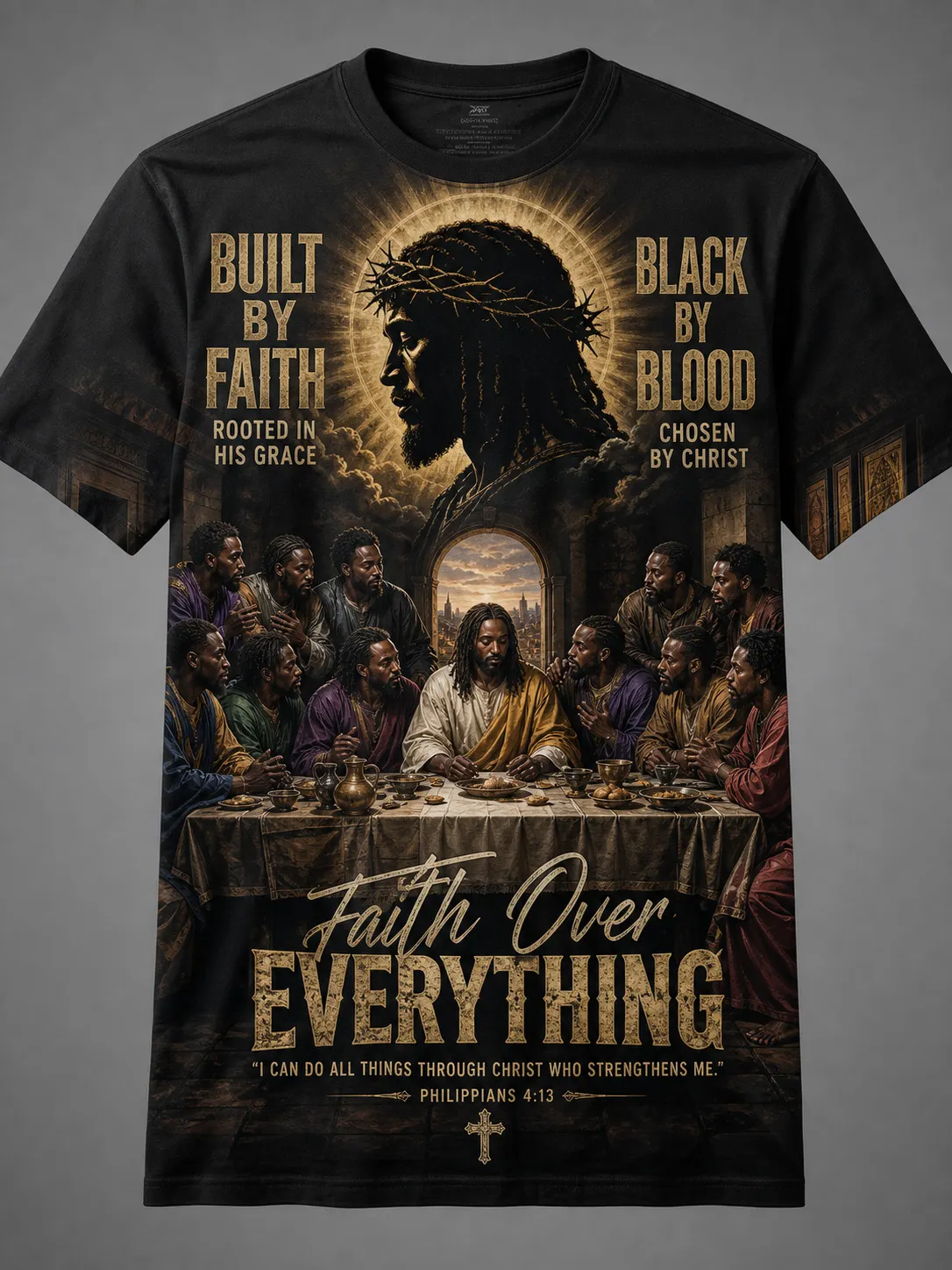 Men's Faith Black Disciples Last Supper Faith Over Everything Print Casual T-Shirt