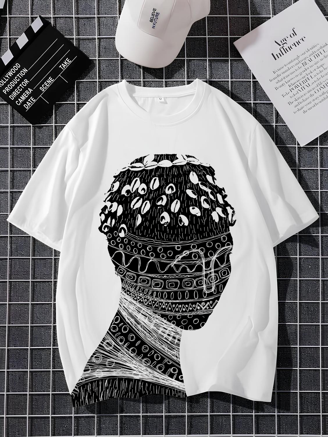 Men's African Tribal Line Art Portrait Print Drop Shoulder Casual T-Shirt