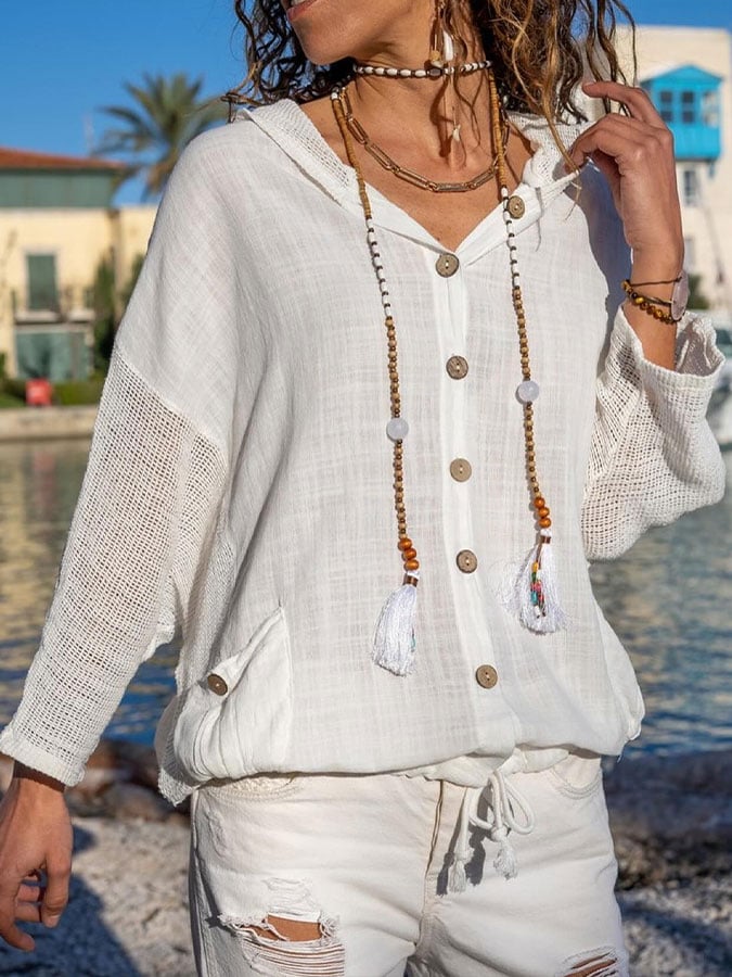 Women's cotton and linen casual hooded shirt