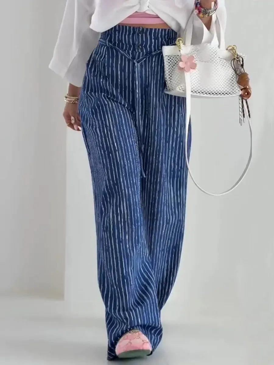 Women's High Waist Lace-Up Stripe Print Casual Cotton and Linen Wide Leg Pants
