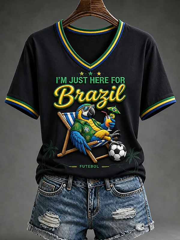Women's Vacationing Parrot 2026 Brazil Football Print Casual V Neck T-Shirt