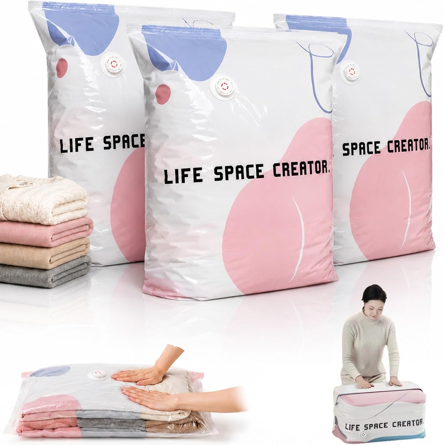 Large no-pump compression storage bags filled with bedding and clothing