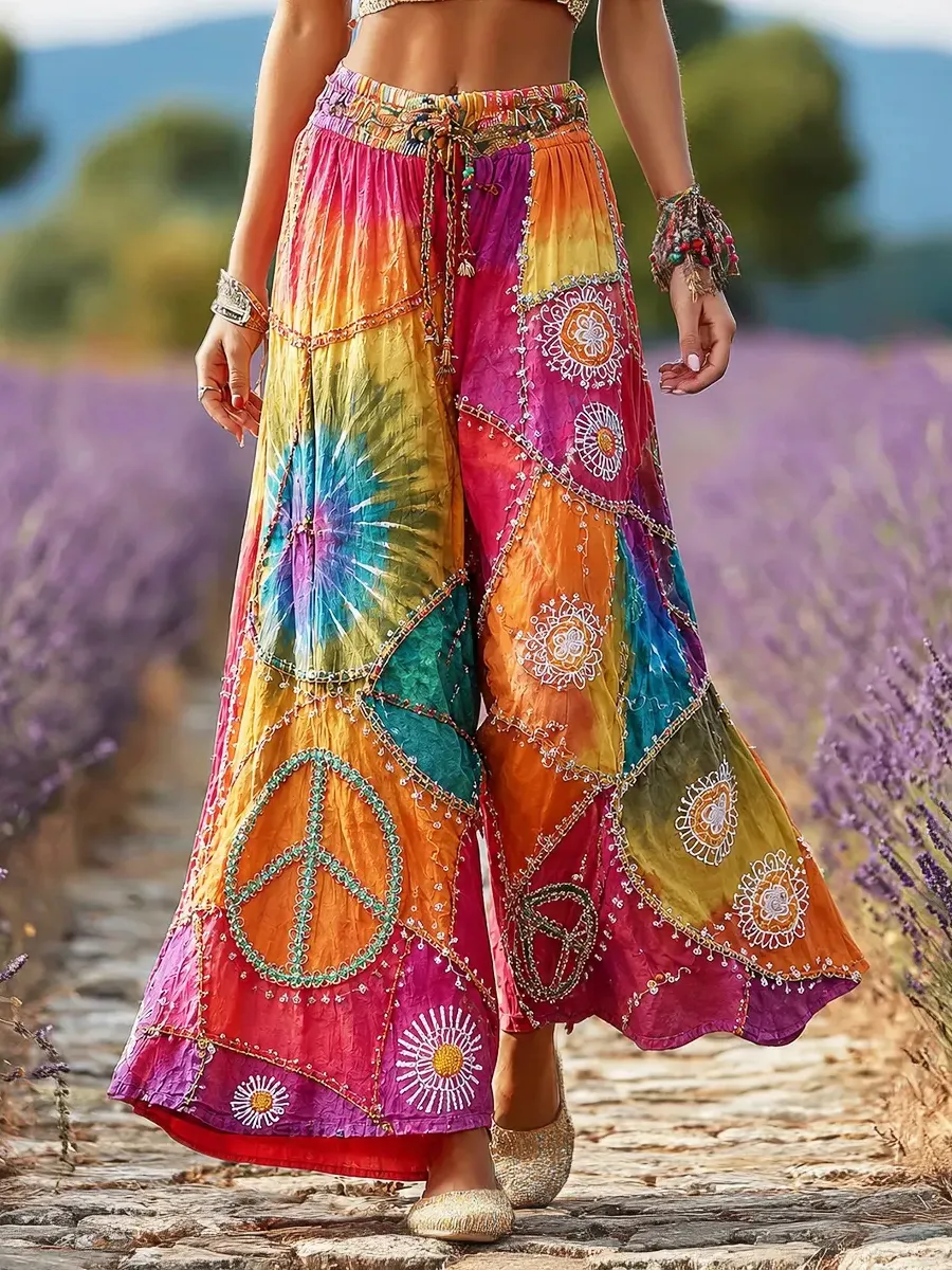 Women's Patchwork Tie Dye Beaded Peace Daisy Floral Print Casual Pants