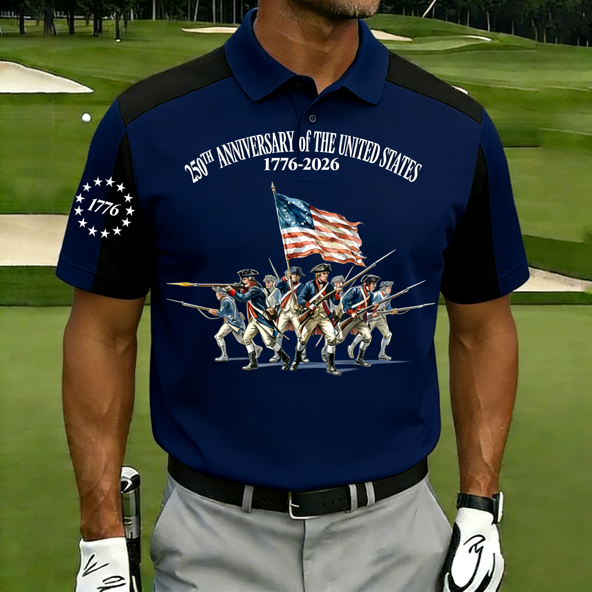 Men's 250th Anniversary US Revolutionary Soldier Polo Shirt | Patriotic Short Sleeve Golf Tee