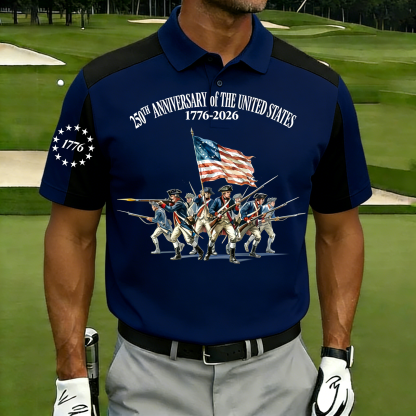 Men's 250th Anniversary US Revolutionary Soldier Polo Shirt | Patriotic Short Sleeve Golf Tee
