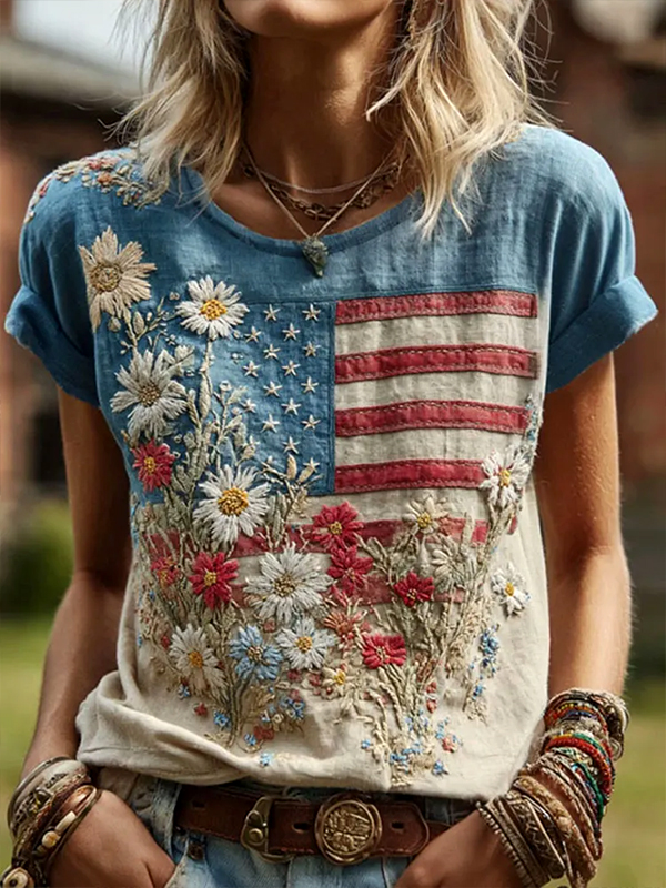 Women's Vintage American Flag Boho Flowers Print Casual T-Shirt