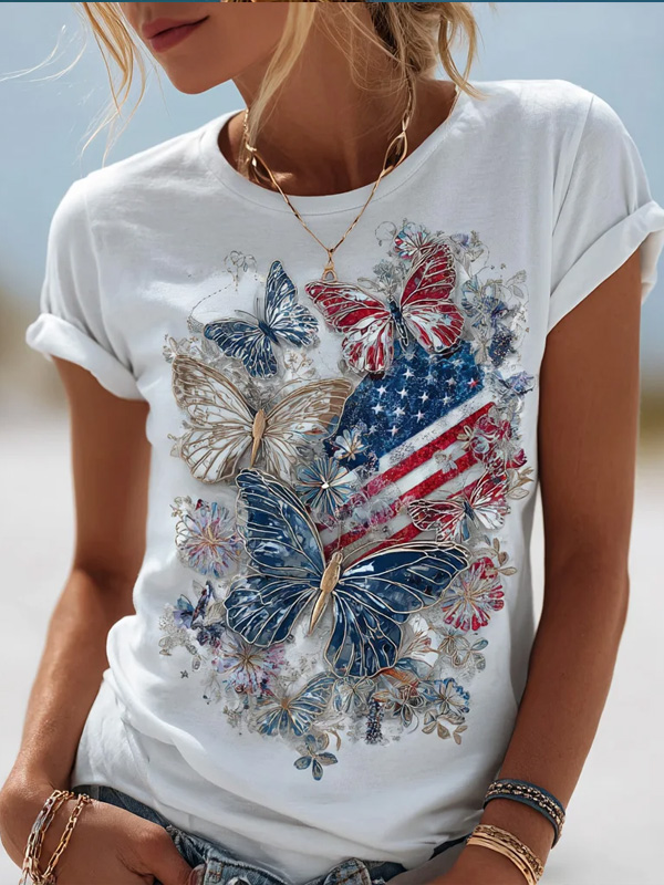 Women's American Flag Butterfly Floral Art Print Casual T-Shirt