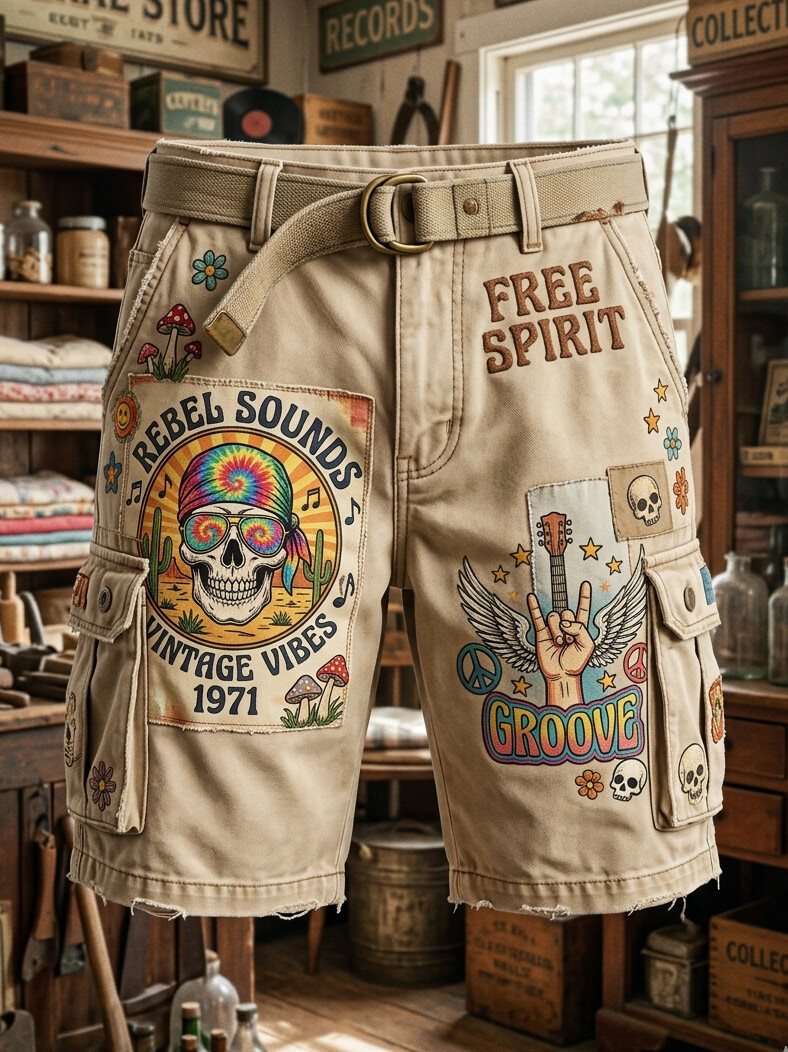 Men's Free Spirit Skull Rebel Sounds Vintage Vibes Print Cargo Shorts
