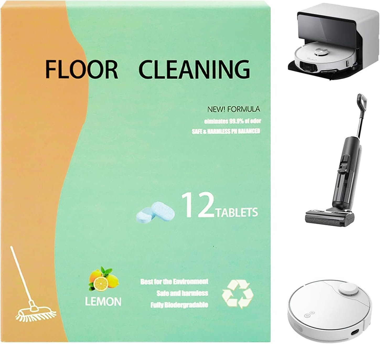 12pcs Floor Cleaning Solution Tablet Deep Cleans for Multiple Hard Floors, Tile and Vinyl Floors，Suitable With All Mop Cleaner lemon Scent