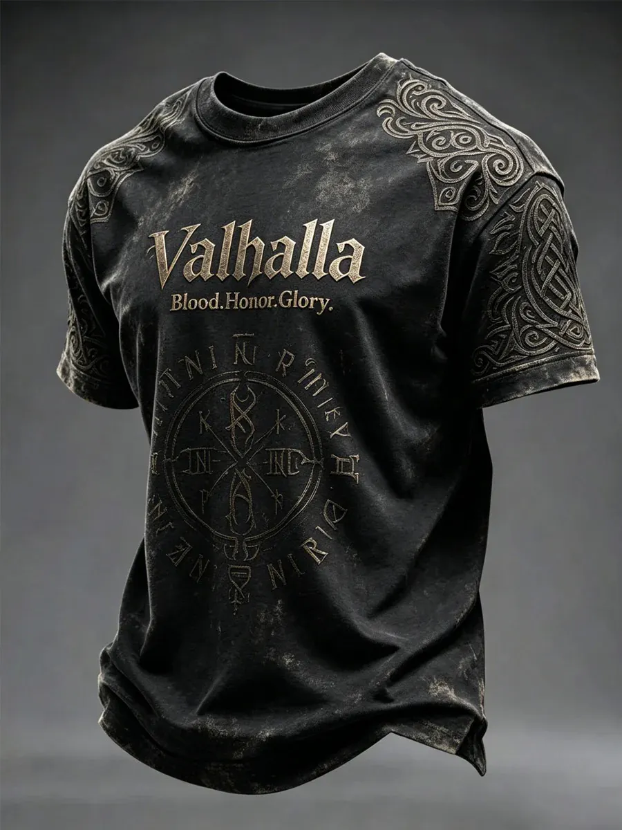 Men's Norse Viking Valhalla Celtic Knot Shoulder Vintage Print T-Shirt