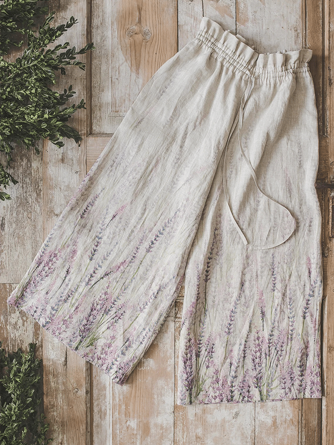 Women's Lavender Print Linen Wide Leg Pants