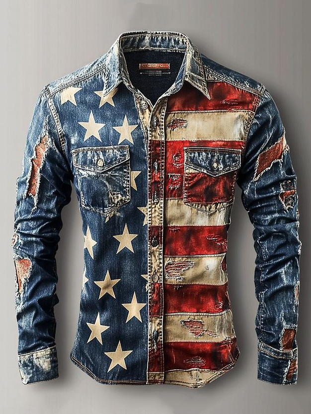 Men's Retro American Flag Independence Day Print Denim-Like Long Sleeve Shirt