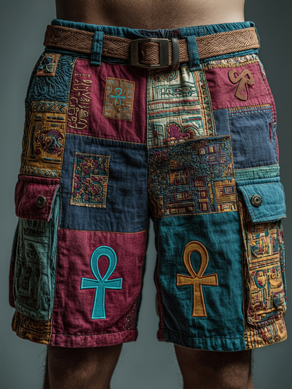 Men's Retro Ancient Egyptian Ankh Printed Denim-Like Cargo Shorts