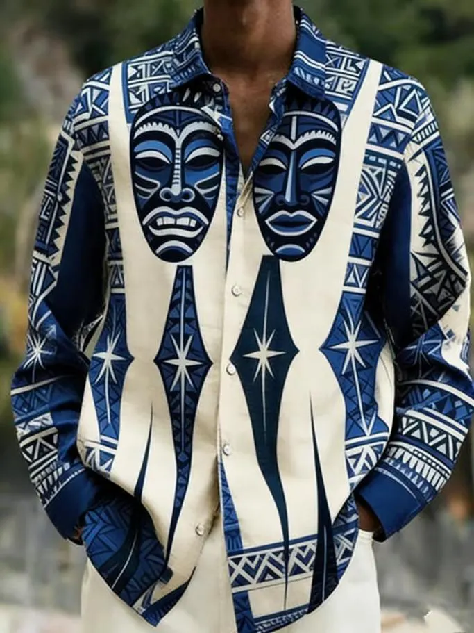 Men's African Tribal Twin Masks Geometric Ethnic Print Long Sleeve Shirt