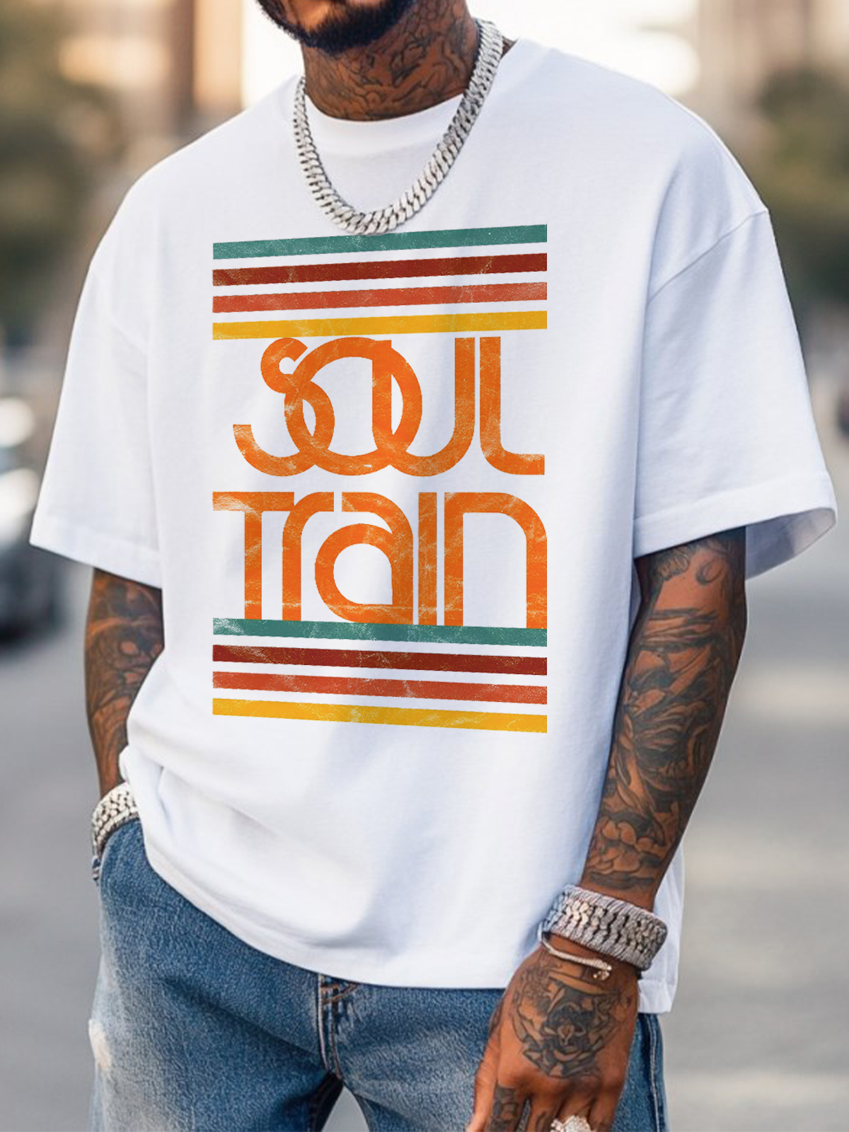 Men's Soul Train Striped Print Cotton Casual T-Shirt