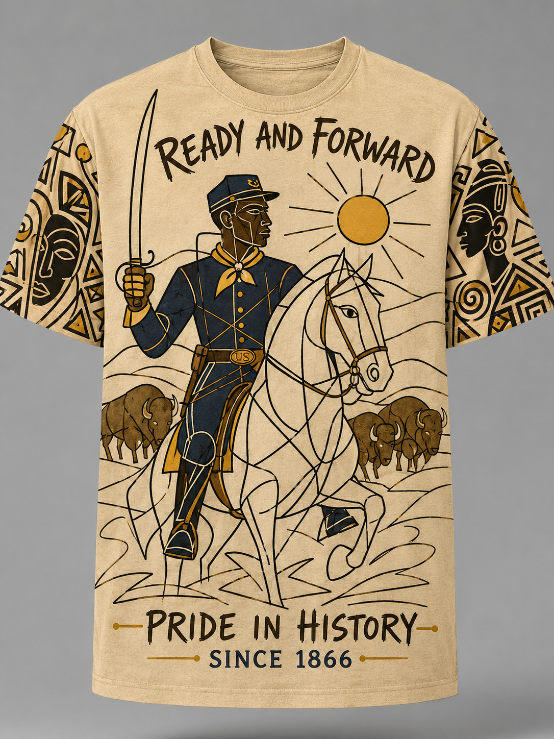Men's Abstract Art Buffalo Soldier Print Casual T-Shirt
