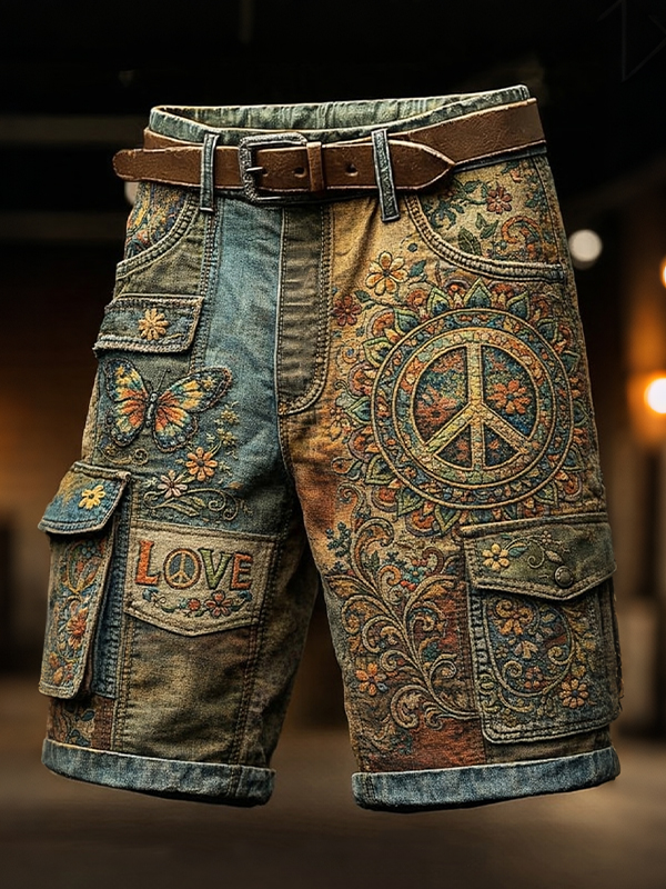 Men's Love Retro Peace Symbol Bohemian Art Print Denim-Like Casual Shorts