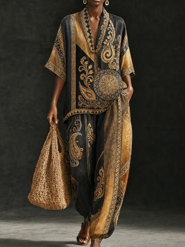 Women's Paisley Ethnic Print Deep V Neck Half Sleeve T-Shirt Wide Leg Pants Matching Set