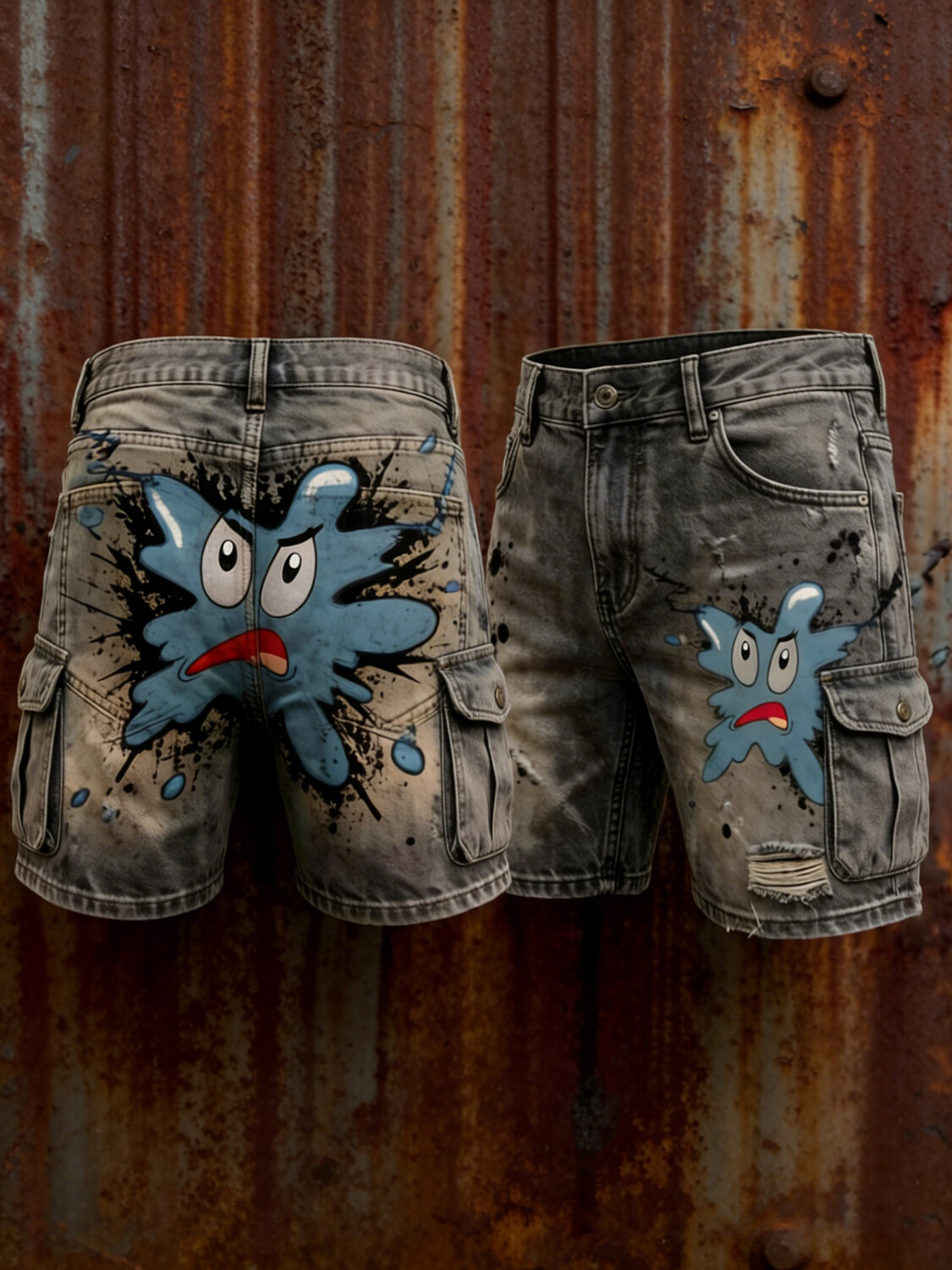 Men's Cartoon Ink Blot Graffiti Print Denim-Like Cargo Shorts