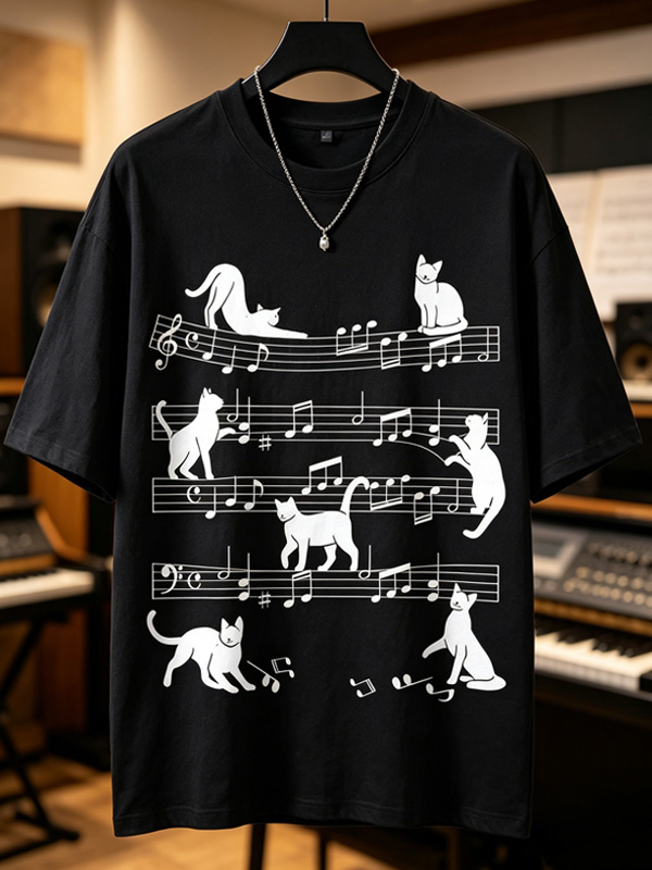 Men's Cats On Music Notes Cute Print Drop Shoulder Casual T-Shirt