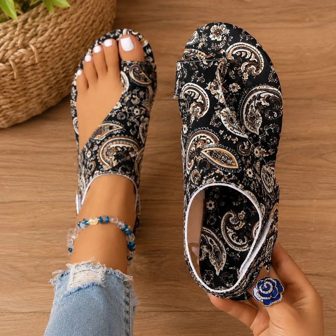 Black brown and white paisley split-toe sandals