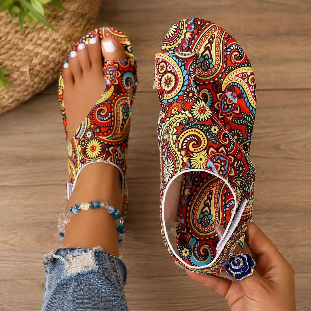 Red multicolor paisley split-toe sandals