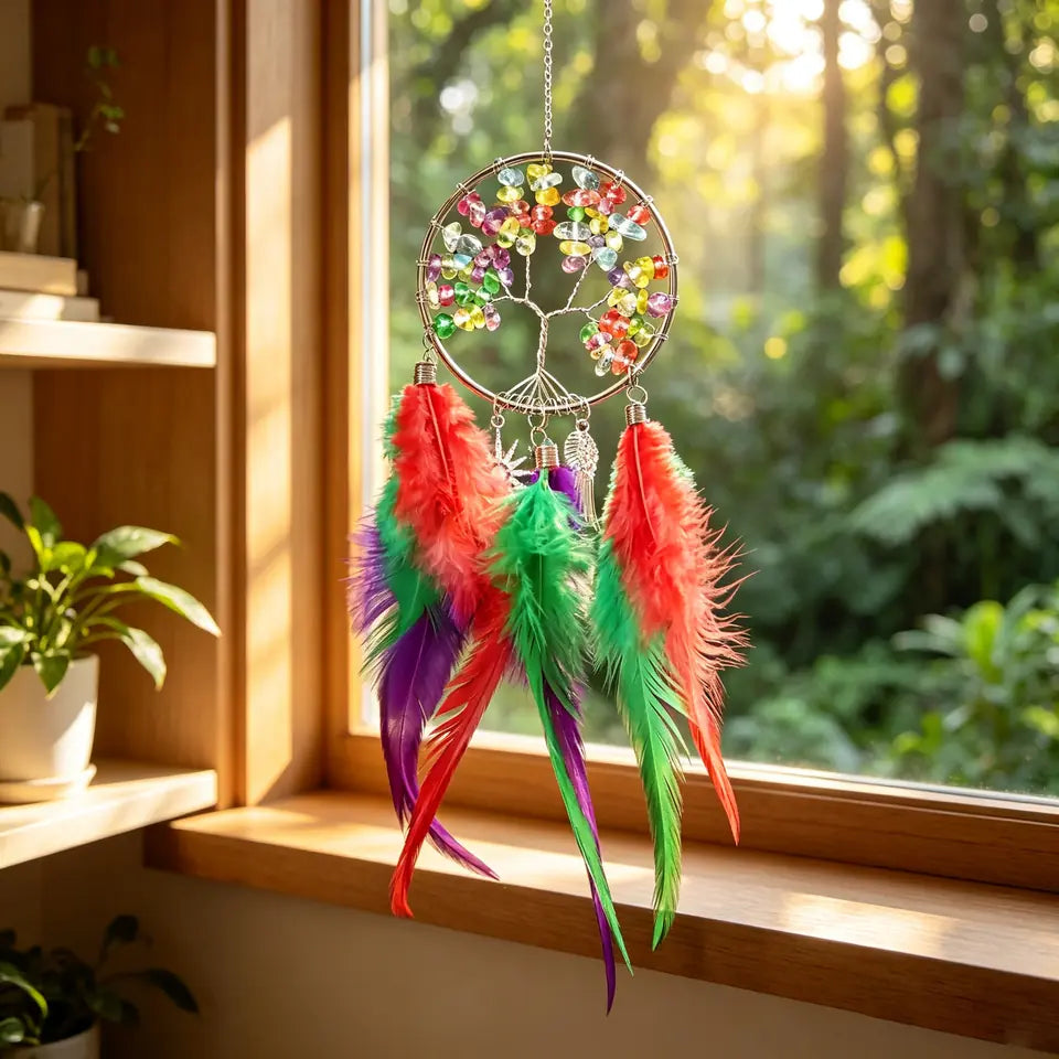 🌿 TODAY ONLY — SAVE 50% ✨ Crystal Tree of Life Feather Hanging | Colorful Boho Window & Wall Decor