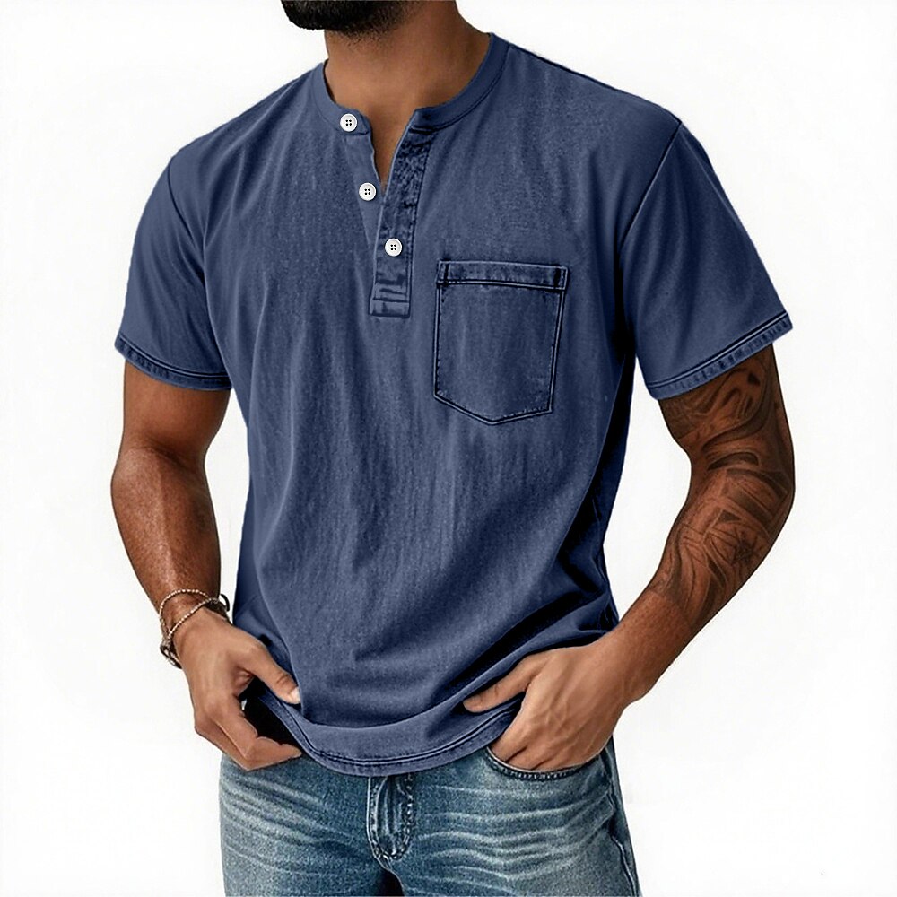 100% Cotton Henley T-Shirt - Navy Blue L