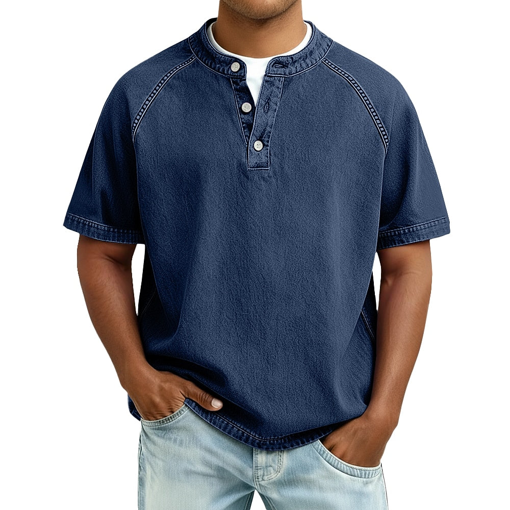 Vintage Feel Broken-in Cotton Henley - Navy Blue 2XL
