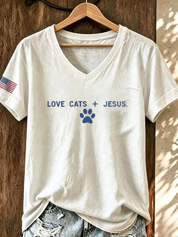 Women's Love Cats + Jesus Cat Paw USA Flag Print Casual V Neck T-Shirt