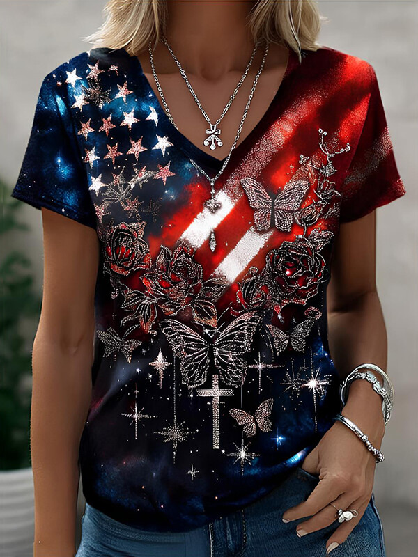 Women's Independence Day Rose Butterfly Cross Flag Print Casual V Neck T-Shirt