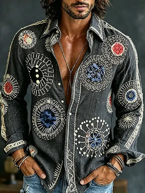 Men's Circular Line Geometry Print Long Sleeve Shirt