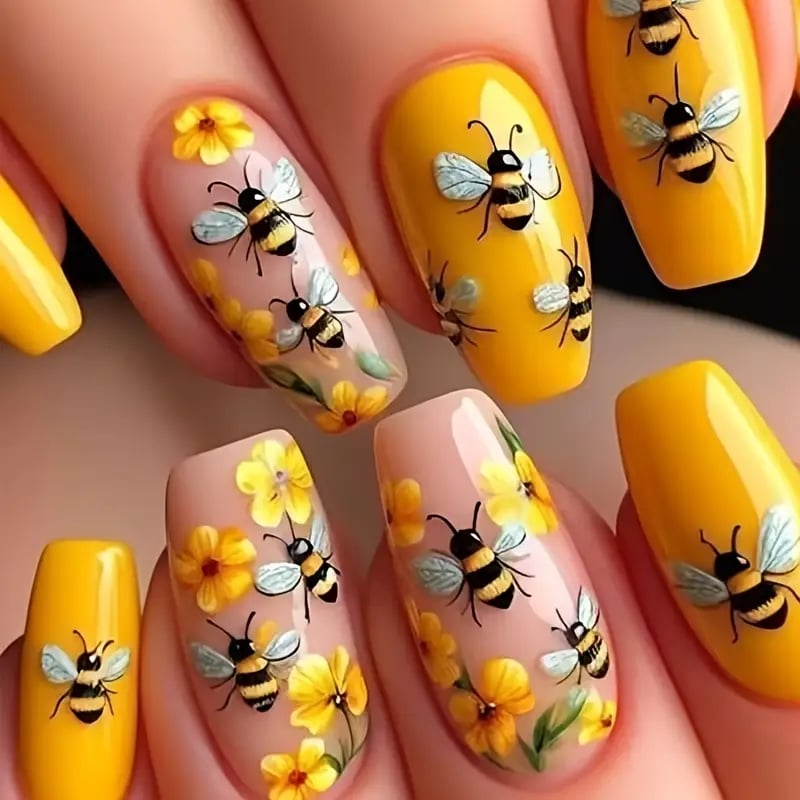 🐝Adorable Bee & Flower Press On Nails--– Save the Bees in Style!🌻