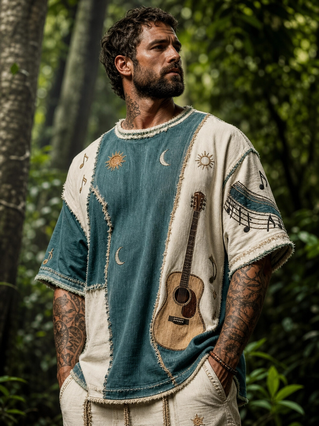 Men's Hippie Music Notes Guitar Sun and Moon Print Casual T-Shirt