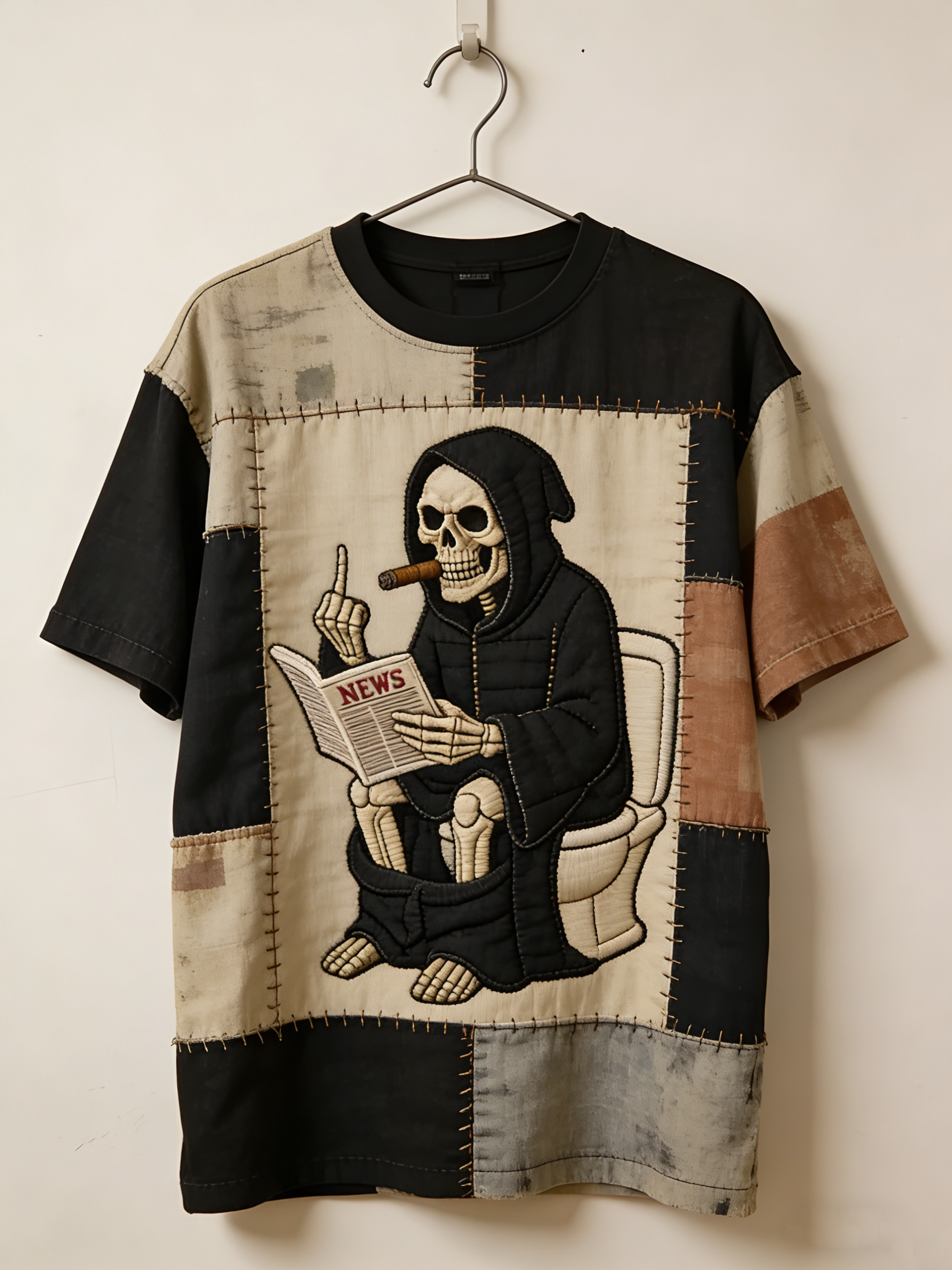 Men's Funny Grim Reaper Reading Newspaper On Toilet Patchwork Print T-Shirt