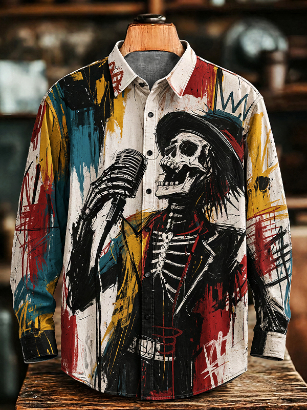 Men's Jazz Skull Singing Graffiti Art Print Long Sleeve Shirt