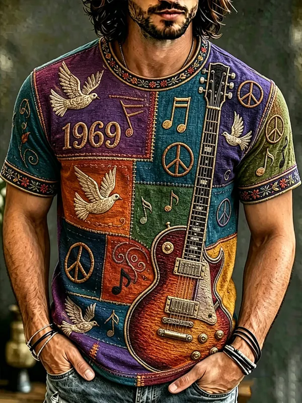 Men's Hippie Patchwork Guitar Peace Dove Music Note Print T-Shirt