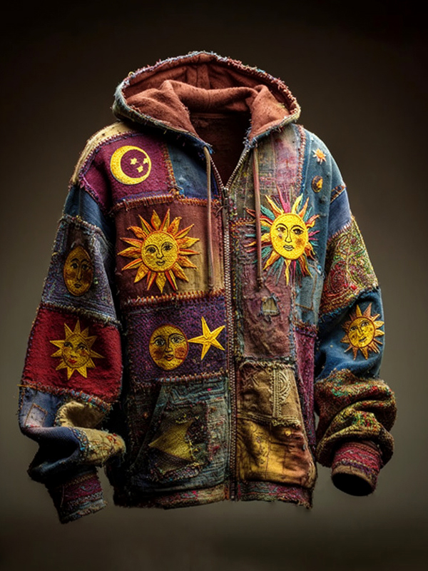 Men's Hippie Sunface Print Hooded Zip Up Jacket